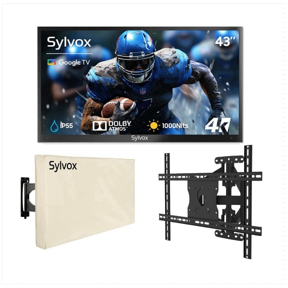 SYLVOX 43" Outdoor TV with Mount and Cover, IP55 Weatherproof TV Partial Sun 1000nit Brightness, 4K UHD, Google OS, Dolby Atmos, Voice Remote (Deck Pro 3.0)