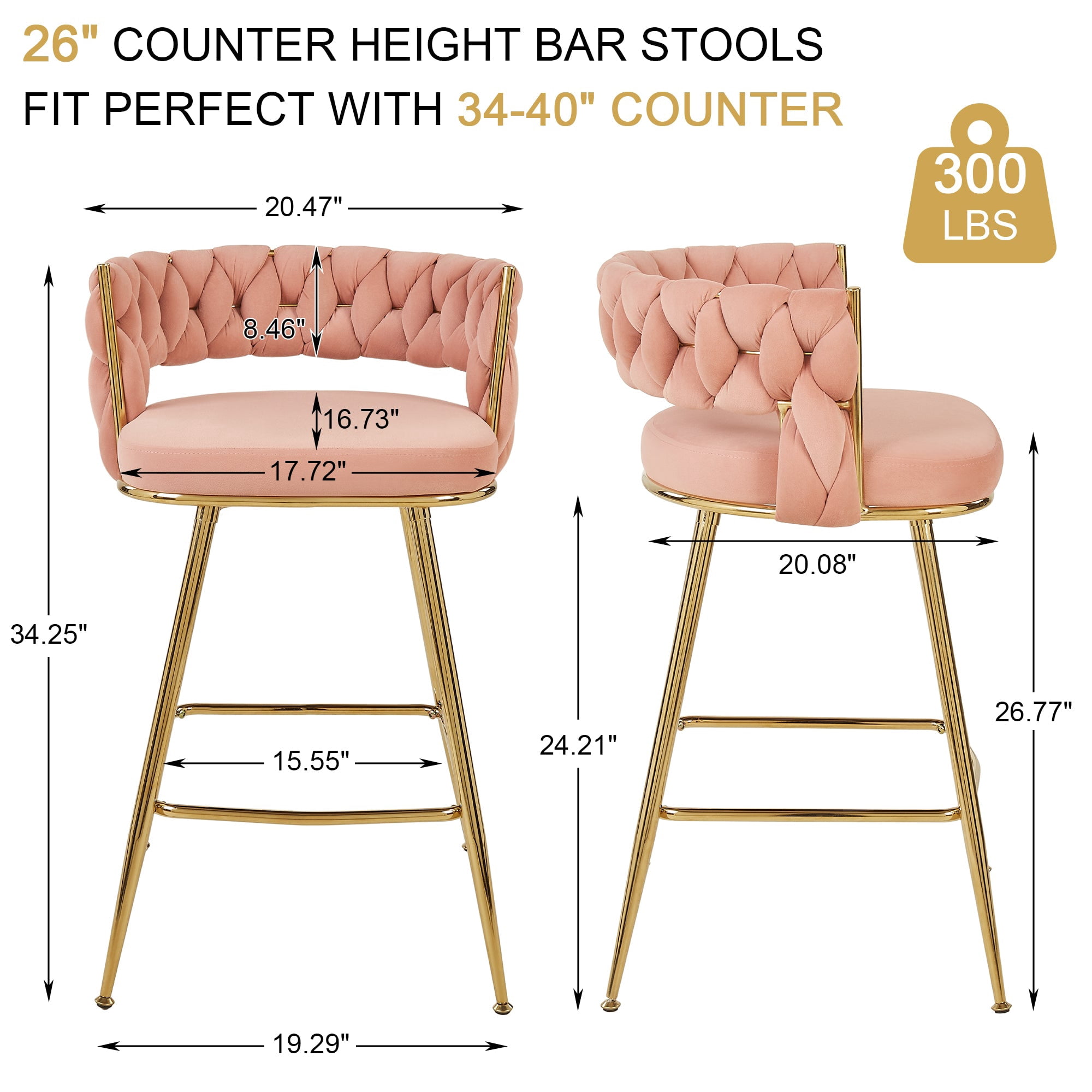 VECELO Modern Braided Bar Stools Set of 2 – Velvet Counter Height Upholstered Stools with Woven Back Support & Footrest, Heavy-Duty Metal Frame Bar Chairs for Kitchen Island,Pink