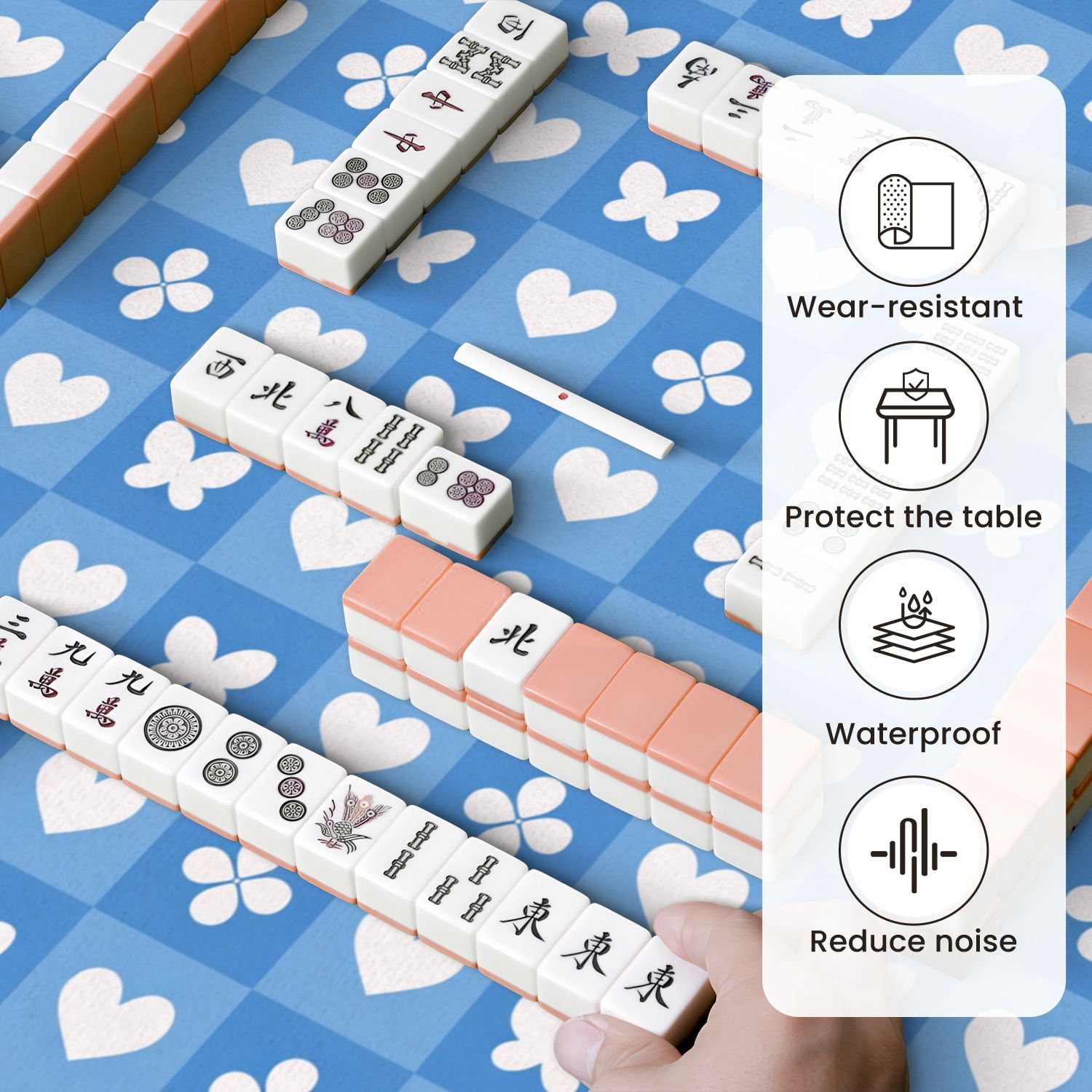 Mahjong Mat 31.5" x 31.5" Blue Gingham Heart Flower Motifs Non-Slip Noise Reduction Mahjong Tiles Table Cover for Dominoes Poker Card Board and Tile Games