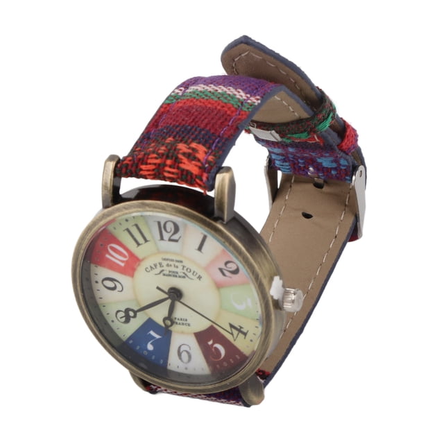 Reloj hippie multicolor estilo bohemio de latón PU cuero botón batería reloj de mujer para regalo de fiesta de cumpleaños azul