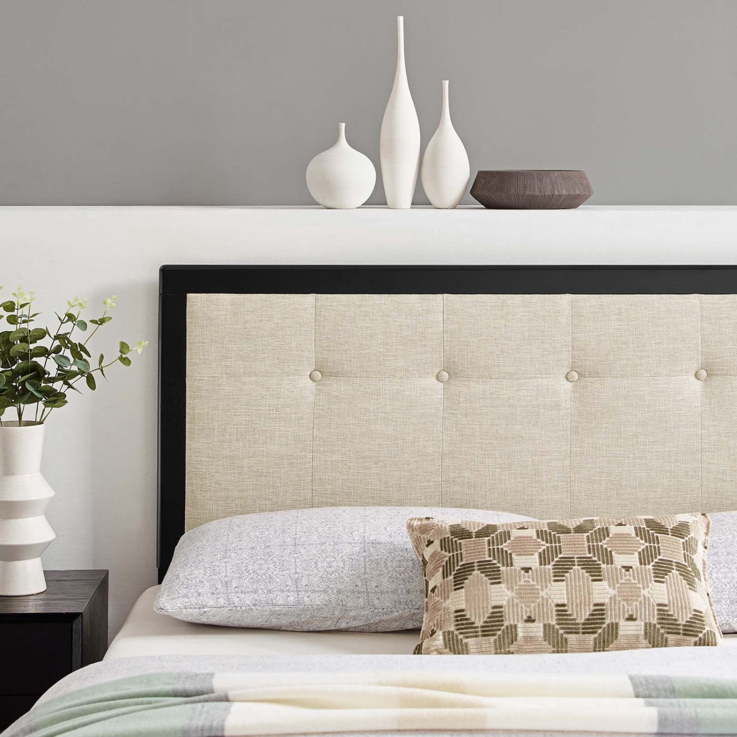 Tufted Headboard, Queen Size, Beige Black, Wood, Mid Century Bedroom, Modern Contemporary HB35155
