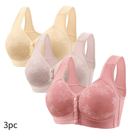 BLTIBY 3PC Bras for Women Front Button Closure Bra No Underwire Push Up Solid Color Lace Underwear Plus Size Fashion Comfortable Breathable Wireless Lingerie Plus Size Beige XL