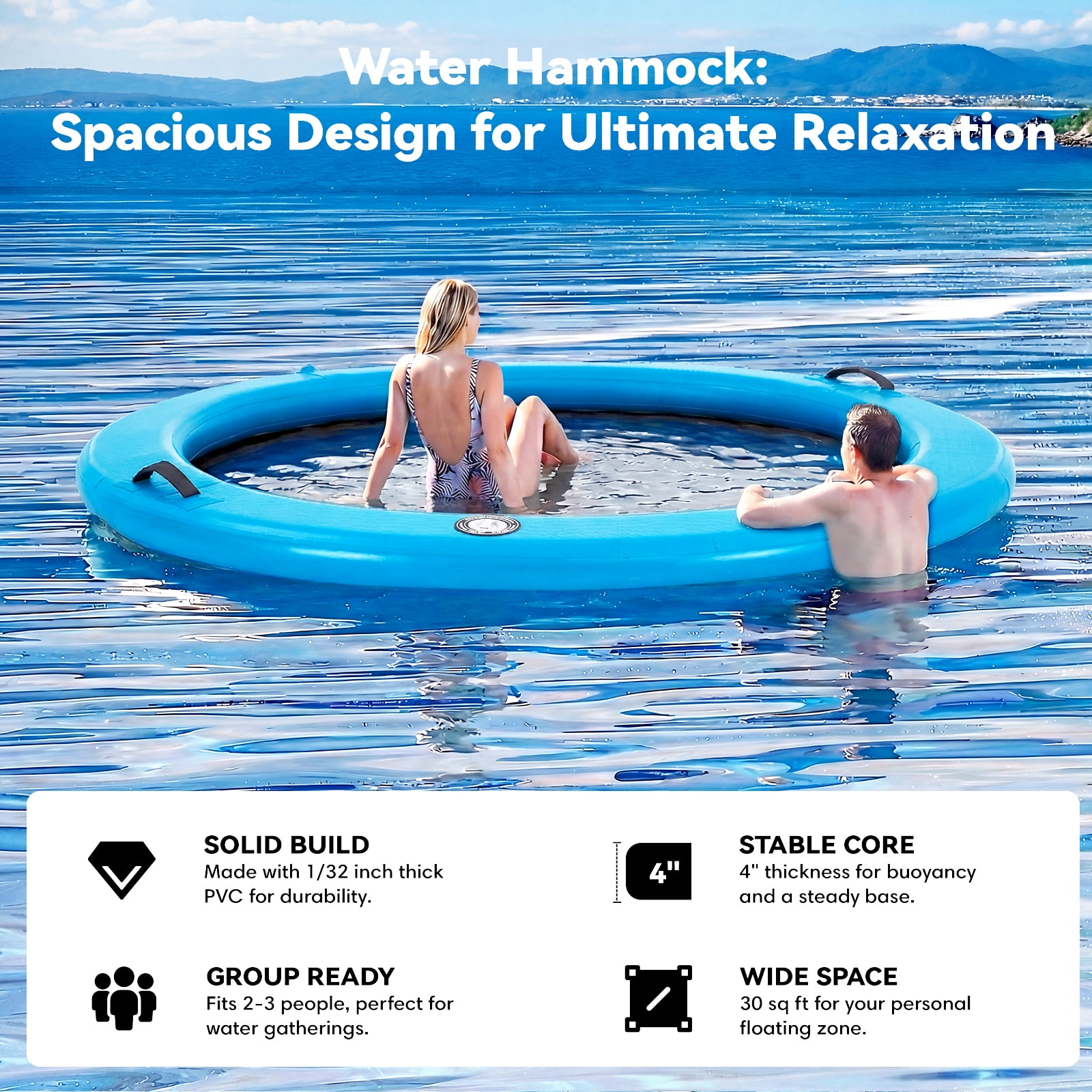 Danrelax 6FT Sunchill Round Inflatable Float Ring for Adults, Heavy Duty Hammock Pool Lounger with Pump, for Lake, Ocean & Pool