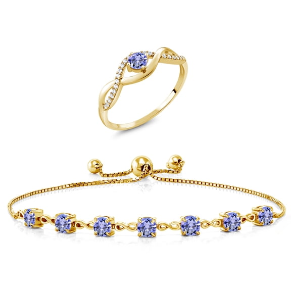 Gem Stone King 3.27 Ct Round Blue Tanzanite 18K Yellow Gold Plated Silver Ring and Bracelet Jewelry Set (Size 7)