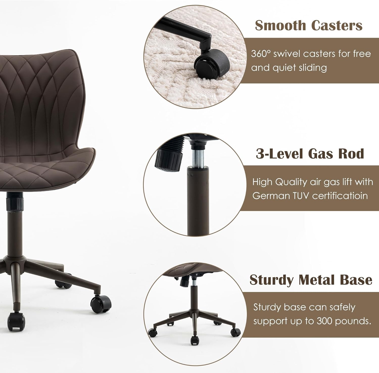 YOUNUOKE Armless Desk Chair  Office Chair with Wheels Home Ergonomic Task Chair Adjustable Computer Chairs Modern Faux Leather Swivel Chair Upholstered Makeup Vanity Chair with Back(Brown)