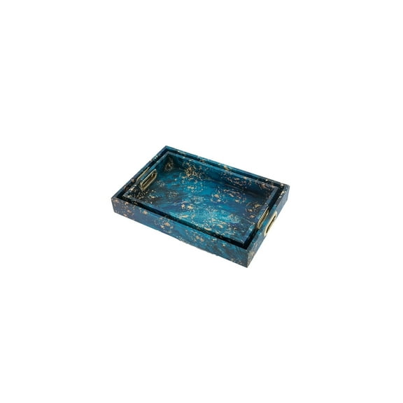 Decorative Trays with Handles - Set of 2 Blue Rectangular Serving Trays - Gold Accent Home Decor
