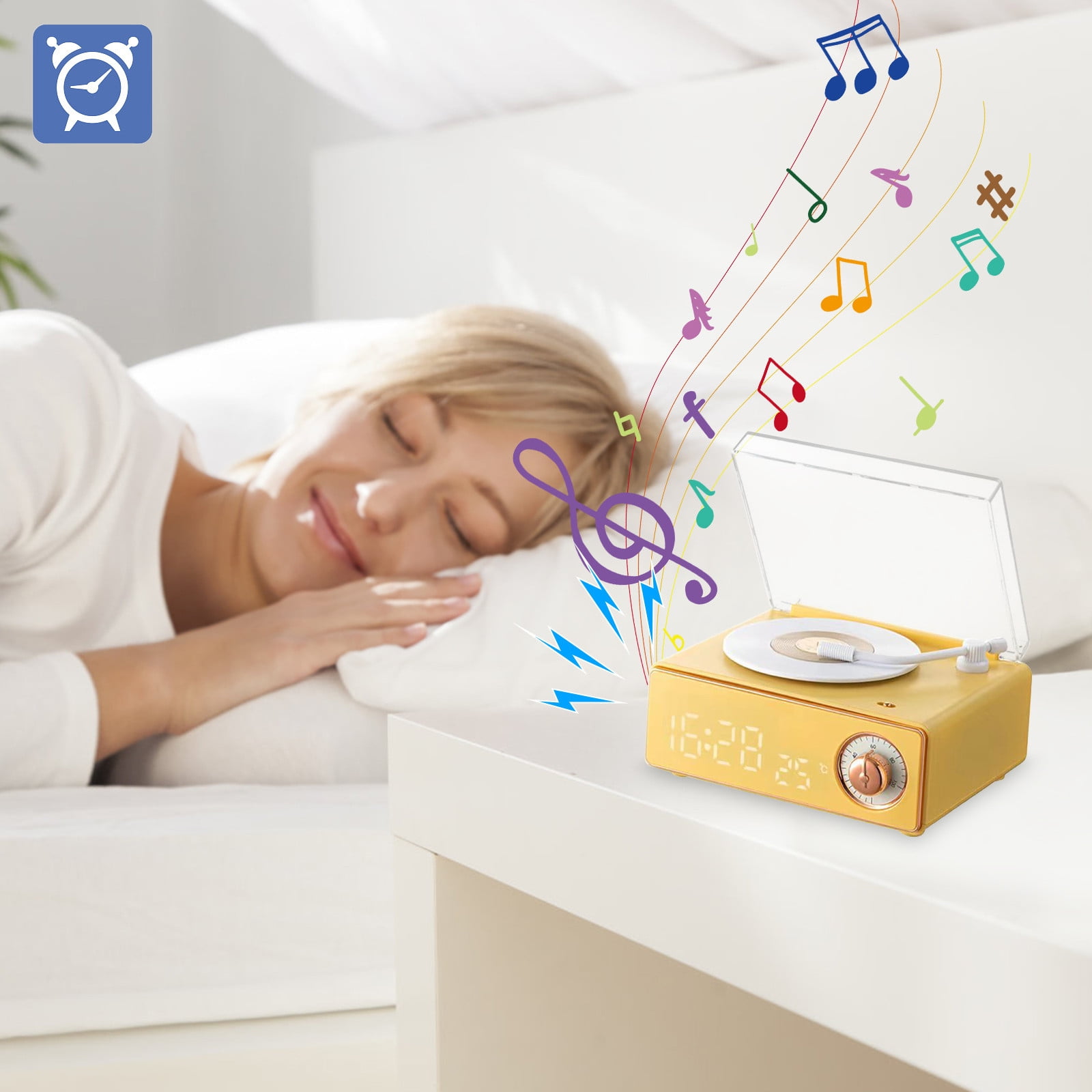 New Vintage Vinyl Bluetooth Speaker & Alarm Clock with Wireless Charging - Retro Phonograph Gift for Travel,Home,Office