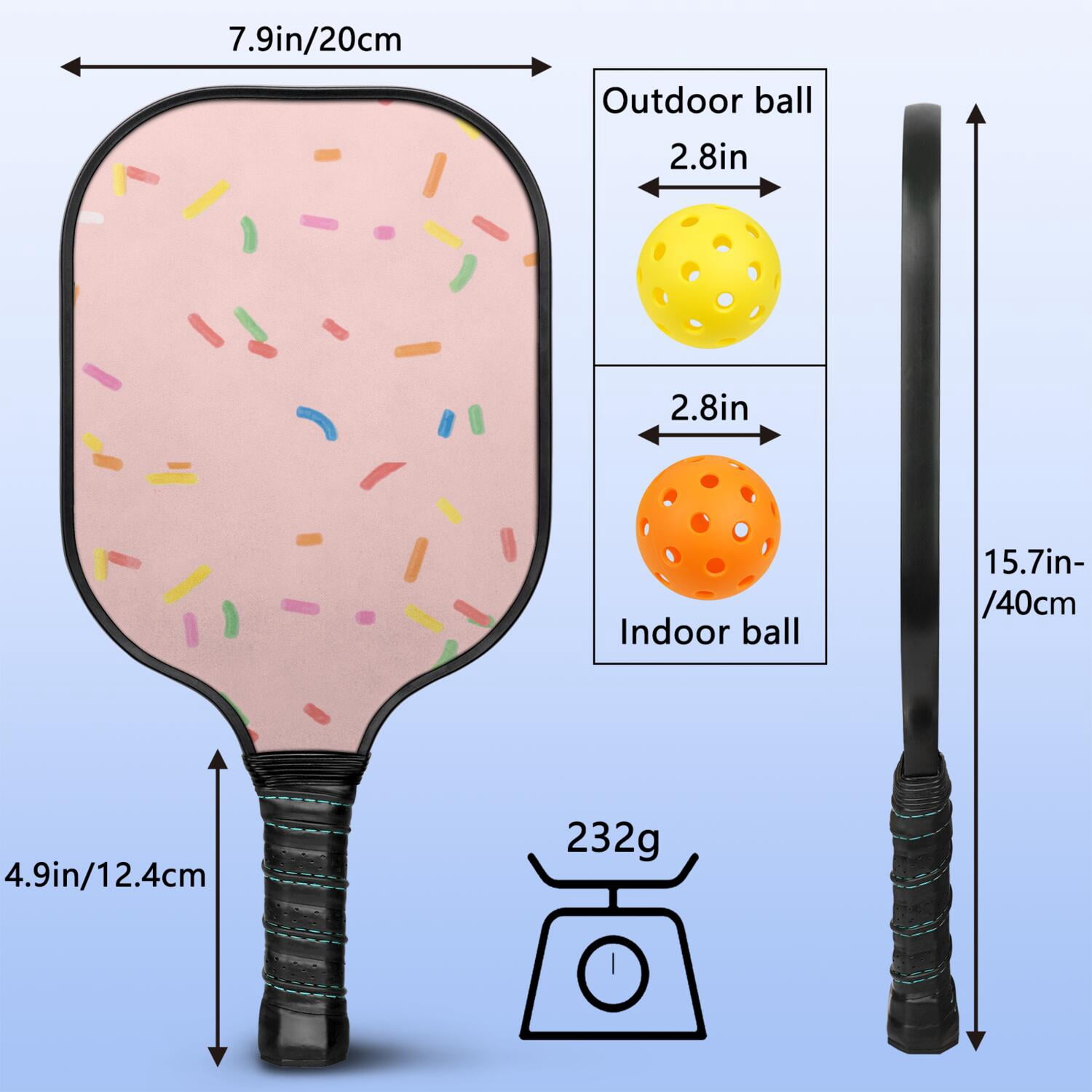 Pickleball Paddles Set Of 1, Fiberglass Surface, Sweet Candy Print, 1 Paddle, 2 Balls & Bag