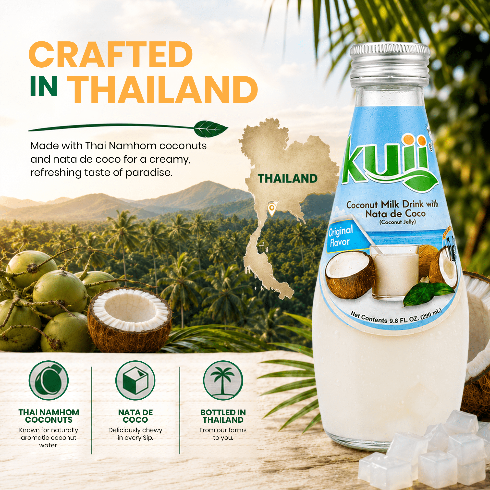 (4 pack) Kuii Drinks Coconut Milk with Nata de Coco, Original, 290 mL Single Glass Bottle