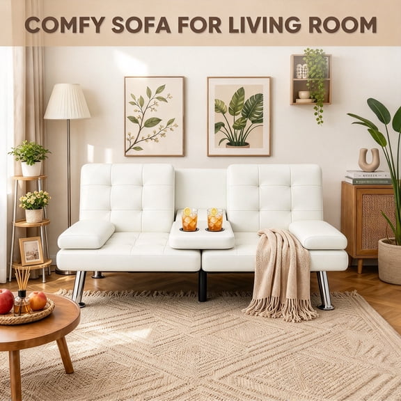 Flamaker Futon Sofa Bed, Modern Faux Leather Convertible Folding Futon Set | Adjustable Sleeper Sofa with Removable Armrests & 2 Cup Holders, Recliner Lounge for Living Room, Apartment | White