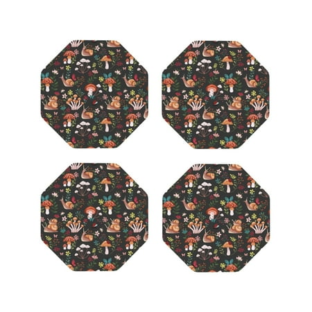 

Leather Coasters Set of 4 - Mushroom With Snails Lightweight Non-Slip Drink Coasters for Desk Anti-Scalding Desk Cup Coasters for Office Table Decor Octagon