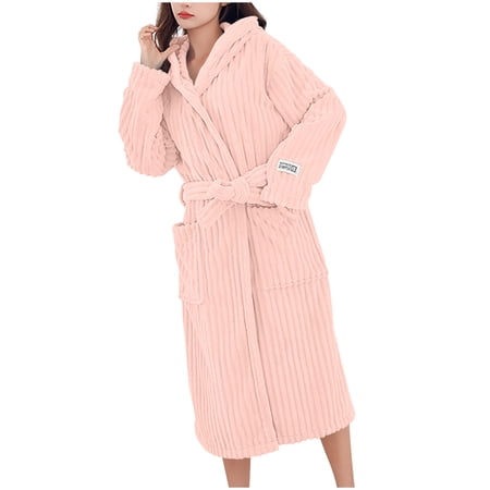 Womens Robes with Hood - Winter Thick Soft Fleece Hooded Bathrobe Belted Side Pockets Absorbent Spa Bathrobes Mid Length House Coats Nightgown