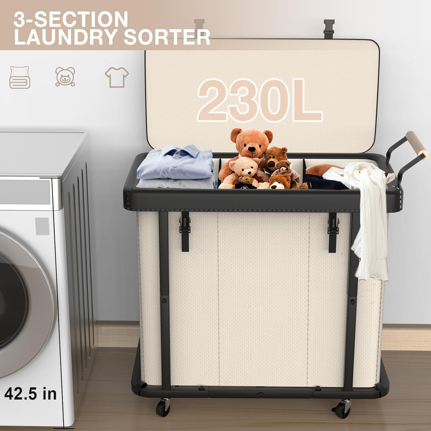 60 Gal (230L) Laundry Hamper 3 Section with Lid, Leather Patchwork Laundry Sorter with Rolling Lockable Wheels and Handle, Laundry Basket Organizer for Laundry Room, Bedroom and Bathroom - Gray