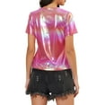 thumbnail image 3 of INSPIRE CHIC Women's Metallic Textured Short Sleeve Shiny Party Tops M Pink, 3 of 6