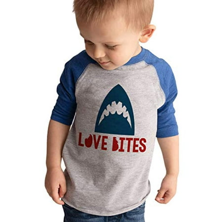 

7 ate 9 Apparel Kid s Love Bites Shark Valentine s Day Blue Raglan Shirt