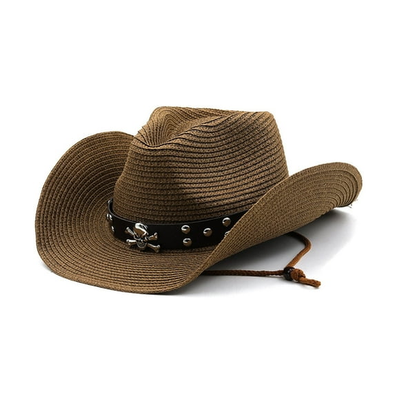 lanema Fashion Western Style Straw Weaving Hat Metal Decors Cowboy Cowgirl Hat
