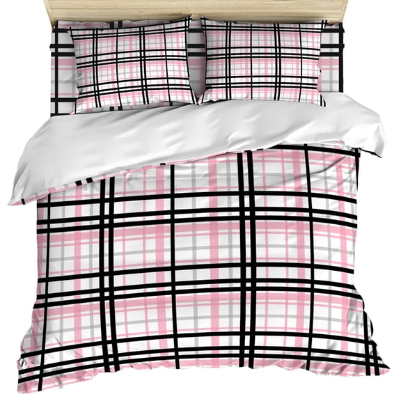 Pink Black Plaid Duvet Cover Set, Farmhouse Pink Black Checkered Soft Duvet Cover Twin Size Bedding Set 4 Pieces, 1 Quiltcover and 2 Pillowcases with Zipper, 1 Bed Sheet for All Seasons