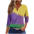 thumbnail image 2 of UPPADA Femmes T-Shirts à Manches 3/4 Mardi Gras Yall T-Shirts à Imprimé Floral Col Ras du Cou Blouse à devant Plissé Hauts d'Été Décontractés Chandail à Enfiler Haut Mode Fête Défilé Hauts Hauts pour Femmes Offres à Manches 3/4, 2 of 5