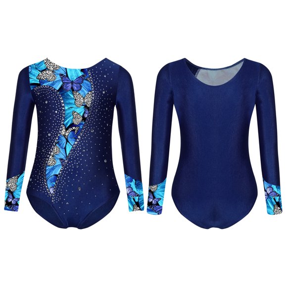 TiaoBug Kids Girls Rhinestone Long Sleeve Gymnastic Ballet Dance Outfits Figure Ice Skating Leotard Bodysuit Navy blue 14