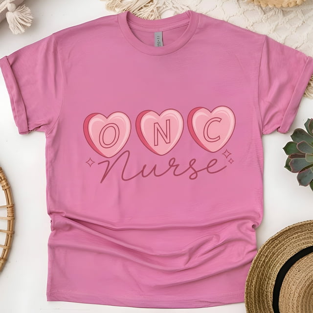 ONC Nurse Graphic T-Shirt with Pink Heart Letters Design, Heliconia, Size L