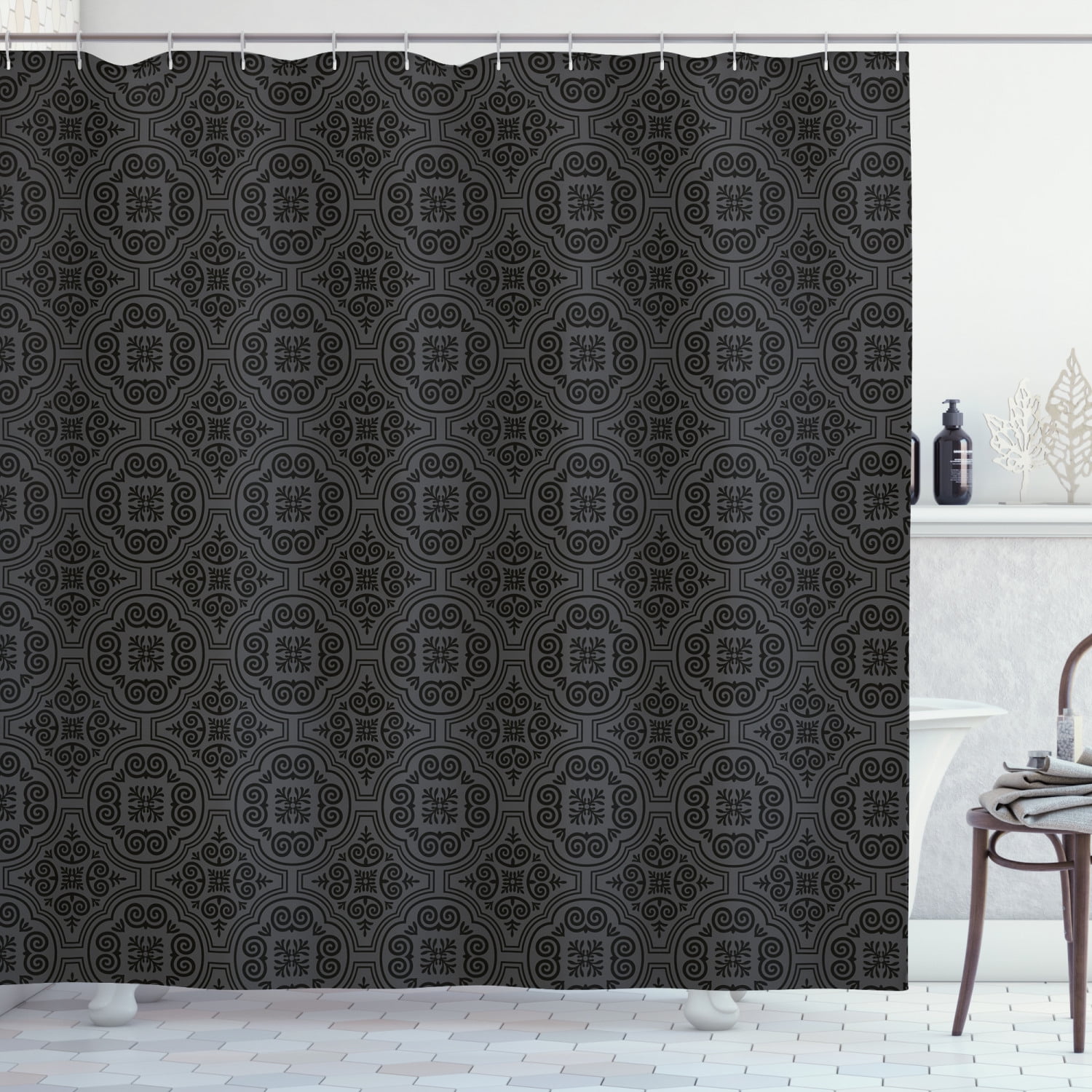 Ambesonne Dark Grey Shower Curtain, Baroque, 69"Wx75"L, Black