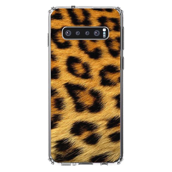 DistinctInk Clear Shockproof Hybrid Case for Samsung Galaxy S10  PLUS(6.4" Screen) - TPU Bumper, Acrylic Back, Tempered Glass Screen Protector - Brown Black Leopard Fur Skin Print
