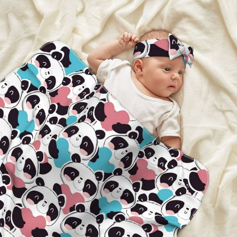 Haiem Heart Panda Pattern Baby Swaddle Blanket and Headband Set Breathable and Skin Friendly Baby Receiving Blankets Swaddle Wrap 35.4 x 35.4 inches