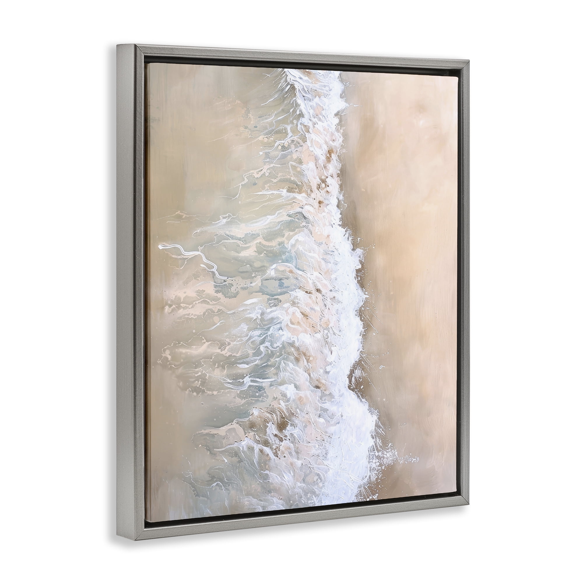 Stupell Industries Neutral Coast Wave Crash Landscape & Nature Painting Gray Floater Framed Canvas Art Print Wall Art, 17 x 21