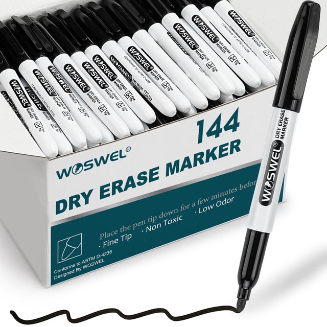 WOSWEL Dry Erase Markers Bulk, 144 Pack Black Fine Tip Whiteboard Markers, Fine Point, Low Odor Dry Erase Markers for School Office Home