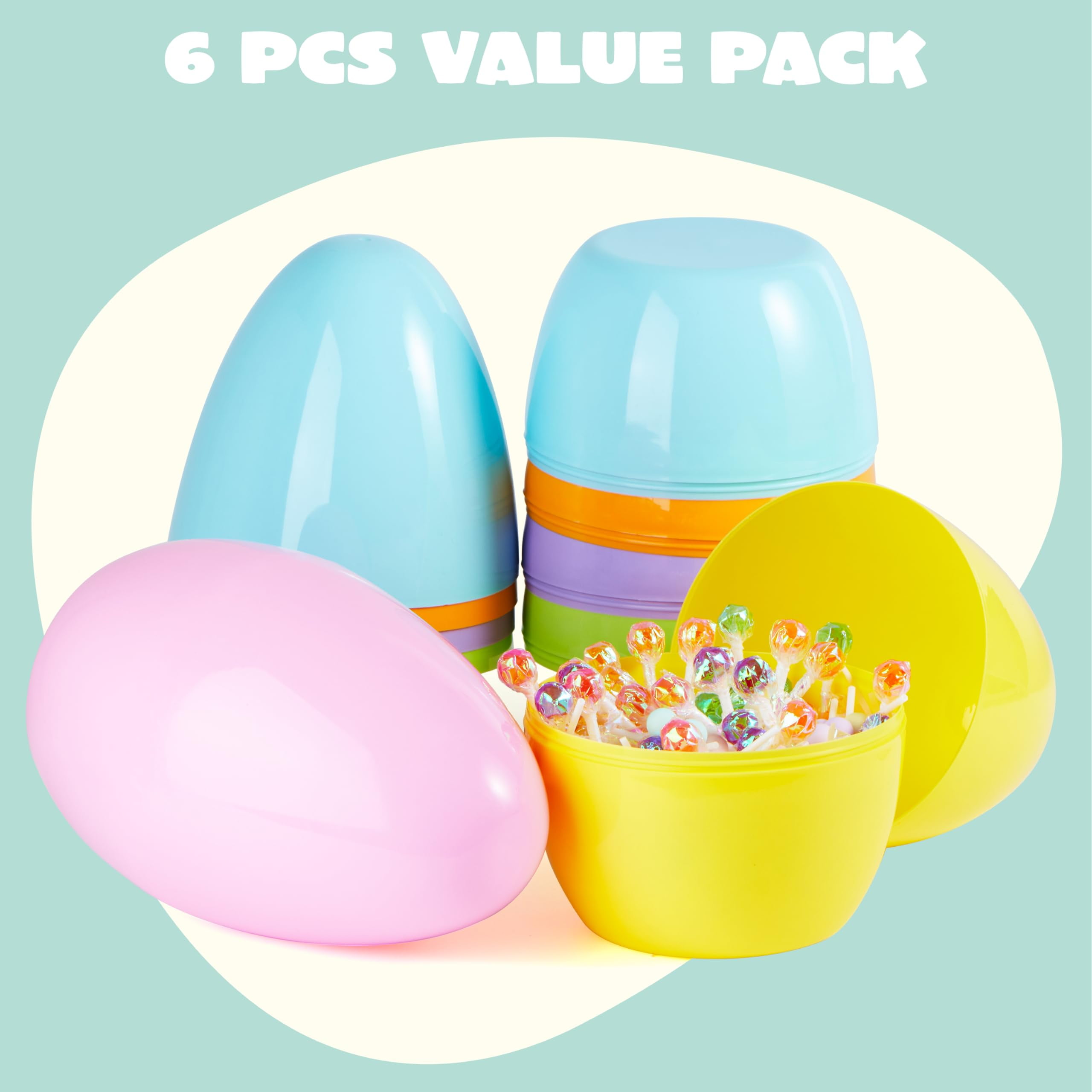 Joyfy 10" Large Easter Eggs, 6 PCS Pastel Plastic Empty Easter Eggs, Fillable Jumbo Easter Eggs for Easter Egg Hunt, Party Favor, Classroom Prize, Decoration