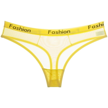 Pavied Thongs for Women Seamless Underwear Ladies Transparent Net Panties Letters Printed Low Waist Seamless Women s Briefs Thong See Through Lingerie Panties for Women Yellow M