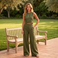 thumbnail image 6 of Szluipve 2 Piece Sets for Women Contrast Stitch 2 Piece Outfits Sleeveless Round Neck Crop Tank Top & High Waist Wide Leg Long Pants Elegant Casual Matching Set with Pockets Green 2XL, 6 of 9