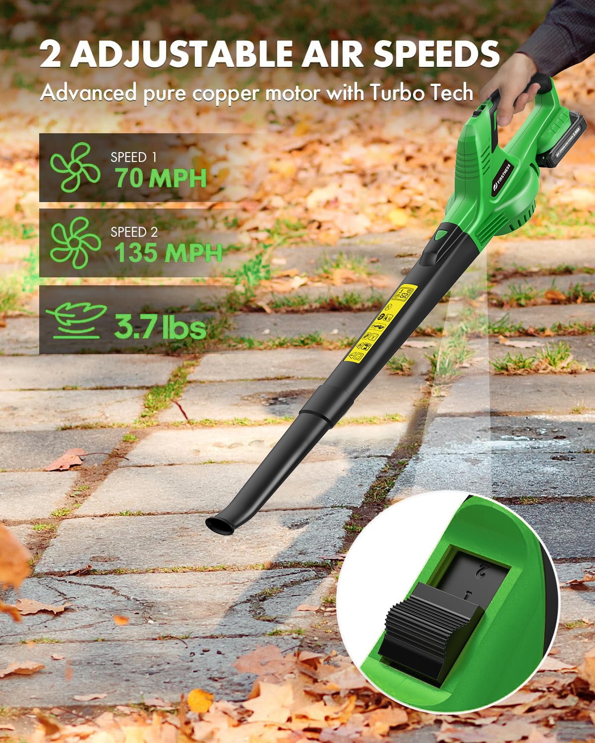 Firstness Cordless Leaf Blower, 20V Electric Leaf Blower with 2 Batteries and Charger, 135MPH 2 Speed Modes, 18000RPM, Lightweight Cordless Blower for Lawn Care, Patio, Dust, Blowing Leaves, Green