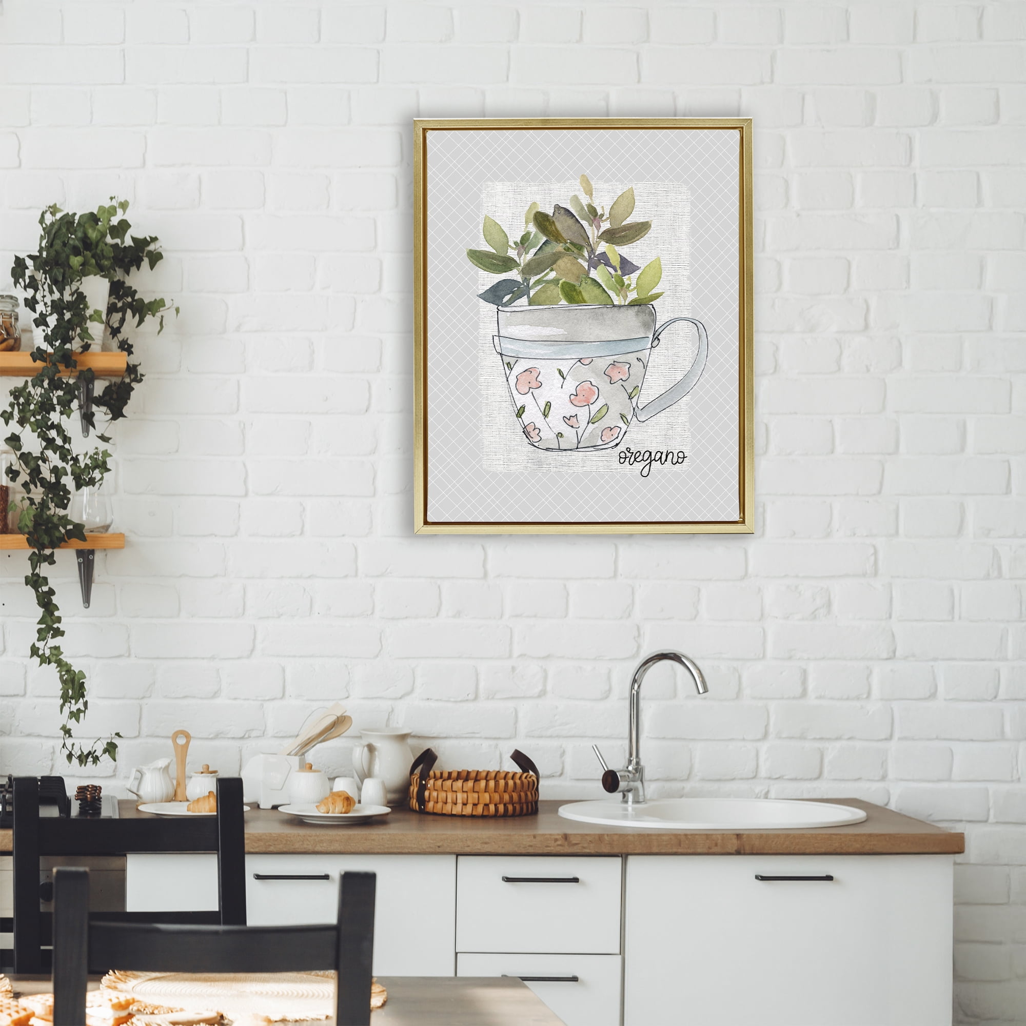 Stupell Industries Oregano Herb Mug Gold Framed Floater Canvas Wall Art, design by Livi Finn