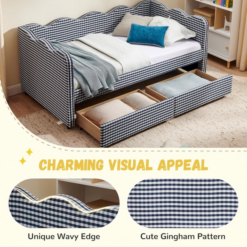 Cozy Full Size Daybed with 2 Storage Drawers and USB Charging Port, Linen Gingham Wave Shaped Sofa Bed for Living Room and Bedroom