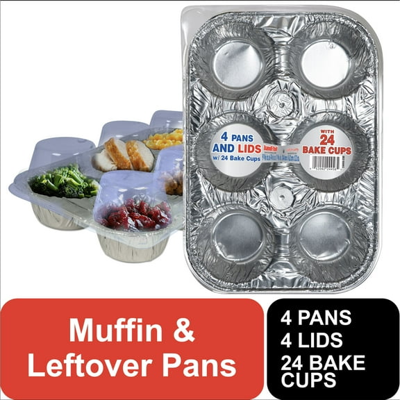 Handi-Foil 9.6" x 6.3" Aluminum Muffin Pans with Lids and 24 Bake Cups, 4 Count