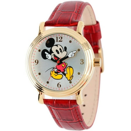 Mickey Mouse Women's Shinny Gold Vintage Articulating Alloy Case Watch, Red Leather