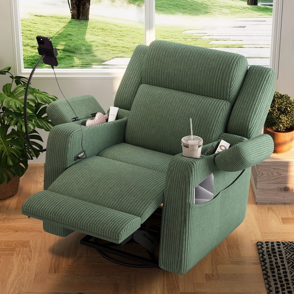 Euroco Power Recliner Chair for Adults, 270° Swivel Rocker Recliner with Heat and Massage,Phone Holder & USB Ports,Side Pockets, Cup Holder,Electric Glider Nursery Chair with Hidden Storage,Green