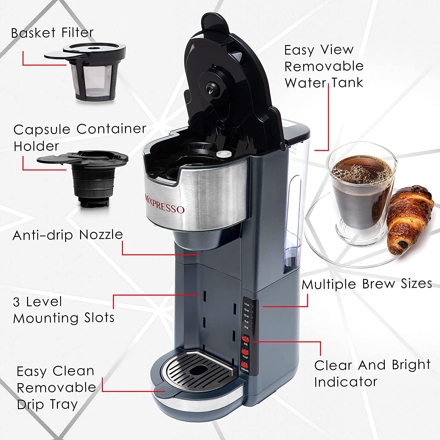 Mixpresso Single Serve Coffee Brewer K-Cup Pods Compatible & Ground Coffee 30 oz (Grey)
