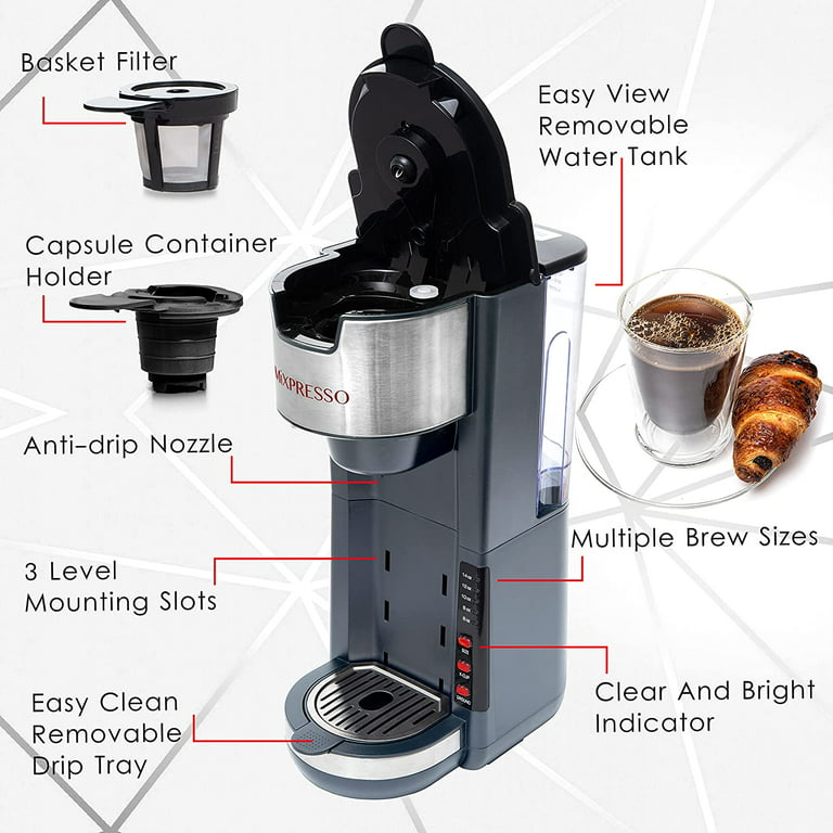 Mixpresso Single Cup Coffee Maker | Personal Single Serve Coffee Brewer Machine Compatible with Single-Cups | Quick Brew Technology Programmable