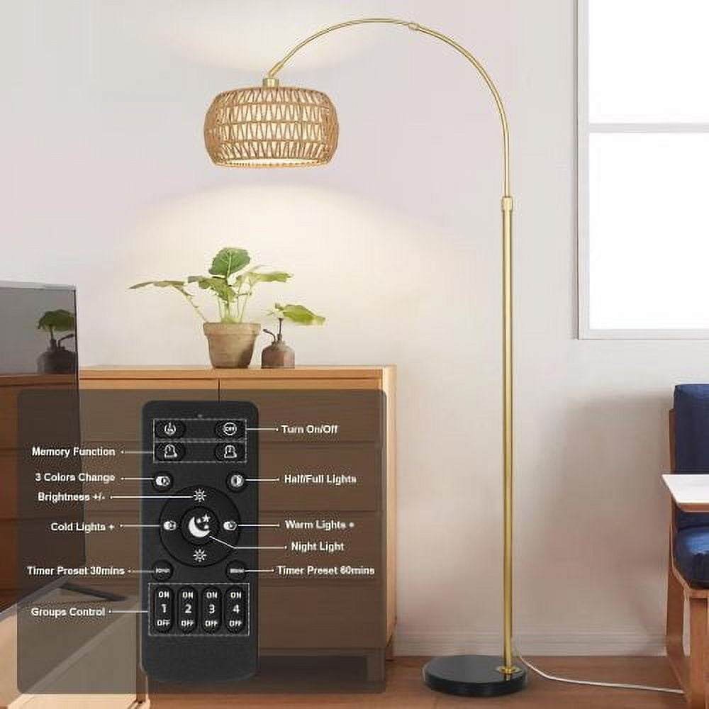 ACE-LIGHTS,Arc Dimmable LED Rattan Boho Floor Lamp with 3 Color Temperature & Remote Control,Standing Lamp,Farmhouse Tall Lamp,Over Couch Arched Reading Light for Living Room,Bedroom,Office(Gold)
