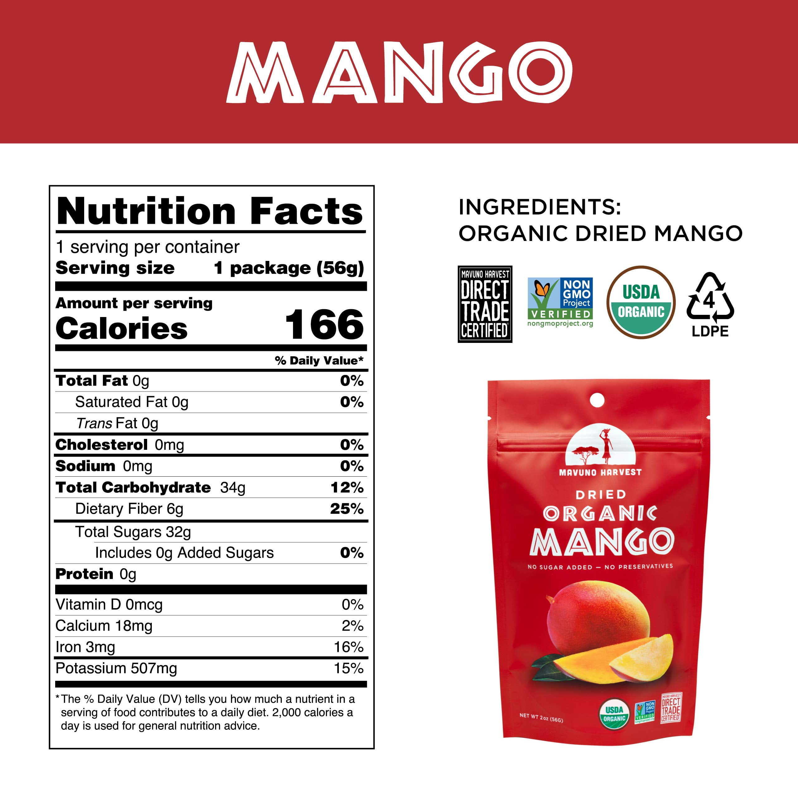 Mavuno Harvest Direct Trade Organic Dried Fruit, Mango, 2 Ounce (Pack of 6)