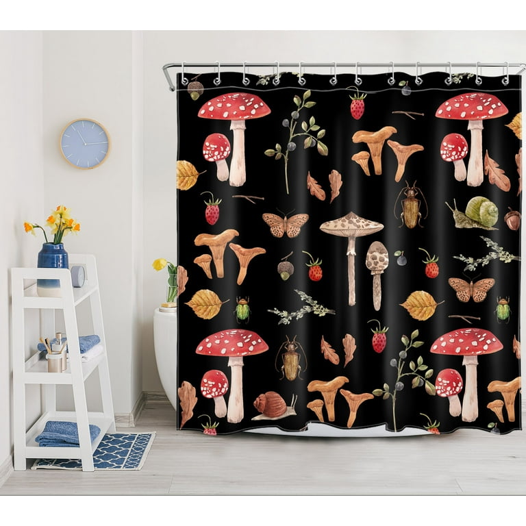 HVEST Mushroom Shower Curtain, Red Mushrooms and Strawberries on Black  Background Bathroom Shower Curtain Wild Plants Polyester Fabric Decor  Curtain with Hooks, 72X78 inch 