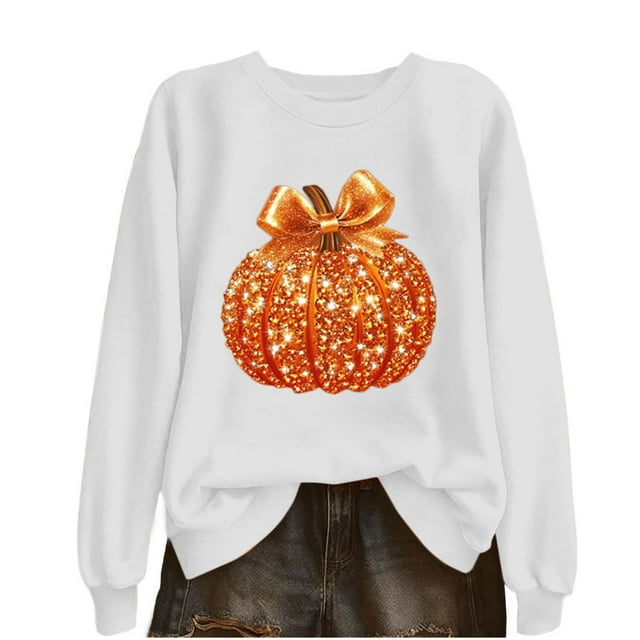 Lcziwo Halloween Chandails à Paillettes pour Femmes, Imprimé Citrouille Drôle, Chandail à Manches Longues à Col Rond, Hauts, Tenues de Mode pour l'Action de Grâce, Automne Hiver, Blanc, TTG