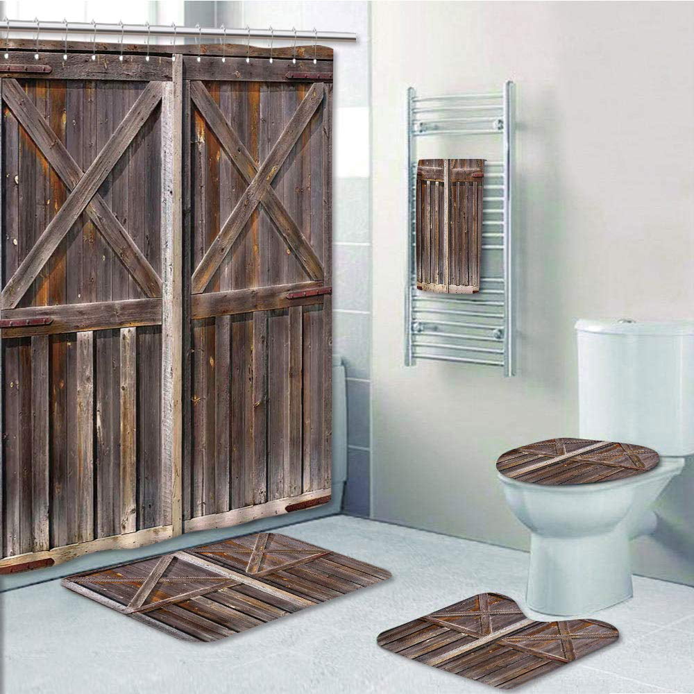 Farm Barn Deer Door Bath Mat Toilet Cover Rugs Shower Curtain Bathroom Decor Set 