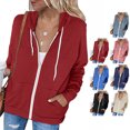 thumbnail image 4 of Sudadera con capucha informal de manga larga con cremallera para mujer, sudaderas con capucha, chaqueta con capucha de color sólido con bolsillos, rojo vino XXL, 4 of 6