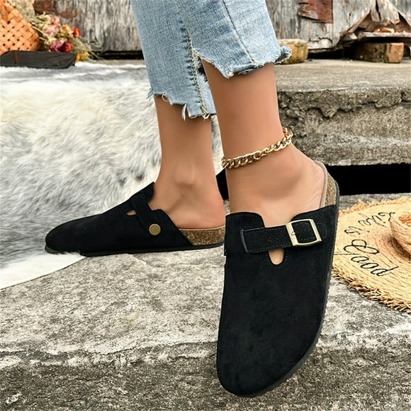 Women's Solid Color Mules, Slip On Round Toe Buckle Decor Non-slip Half Drag Clogs, Outdoor Suede Flat Shoes T-Space