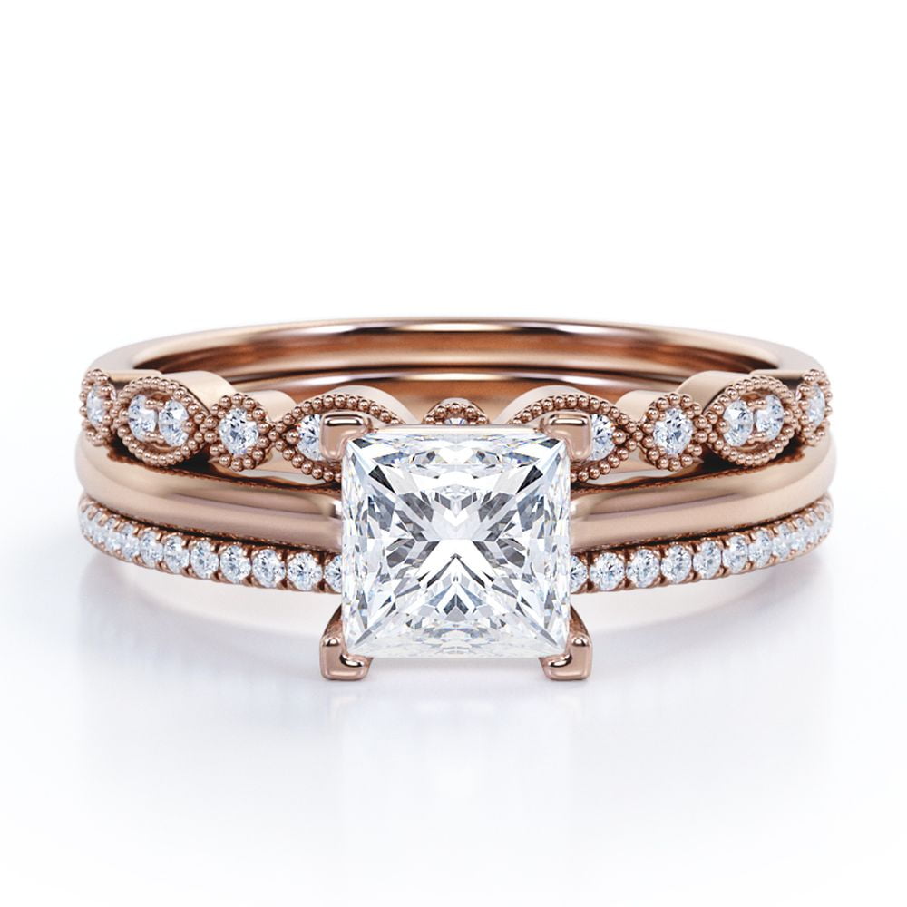 JeenMata 3.25 Carat Princess Cut - 4 Prong Pave Setting - Art Deco Filigree Milgrain - Solitaire Engagement Ring - Trio Wedding Set - 18K Rose Gold Plating over Silver