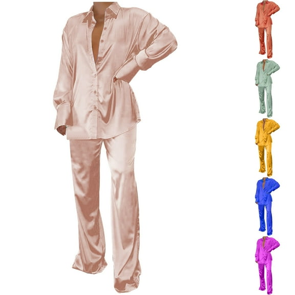 Ashirexll Womens Winter Sets, Womens 2 Piece Outfits, Thin Satin Long Sleeve Lapel Top and Pants Elegant Two Piece Set