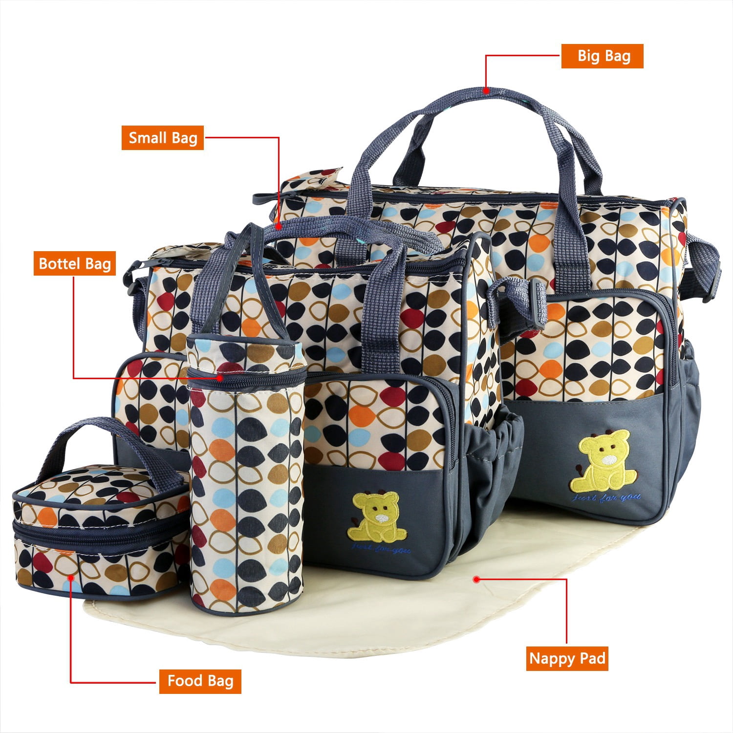iMounTEK Baby Diaper Tote Stylish Nappy Messenger Insulated Bag 5 Piece Set Large Medium Handbag, Food/Bottle Bag, Gray
